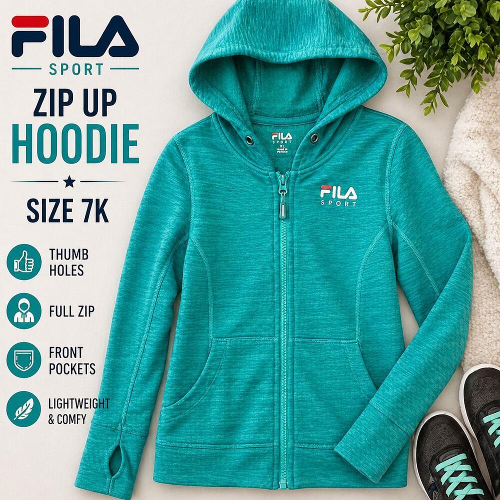 FILA Sport Teal Zip Up Hoodie Size 7K Thumb Hole Athletic Jacket